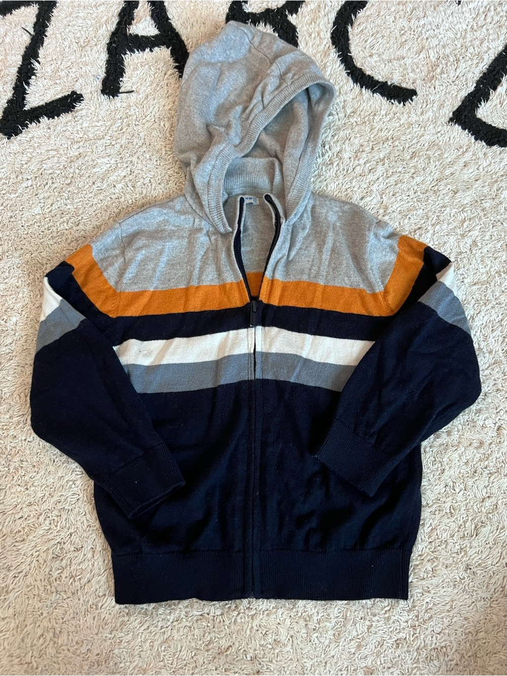 Mayoral Navy, Gray & Mustard Striped Hooded Zip Sweater
